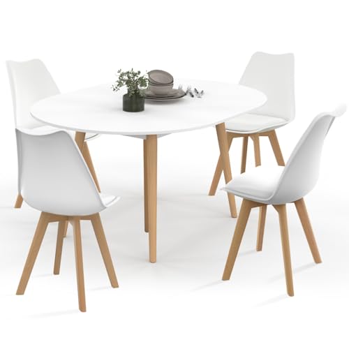 IDMarket – Conjunto de mesa de comedor extensible redonda Angela blanco pie madera 110-150 cm y 4 sillas SARA blancas