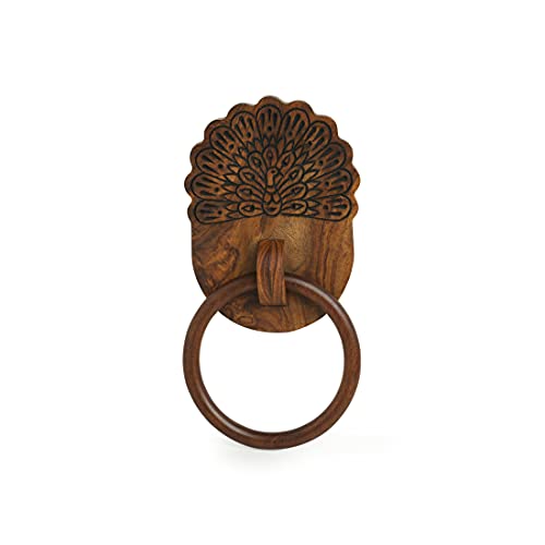 Image of ExclusiveLane 'The Dancing Peacock' Hand Carved Wooden Towel Holder for Kitchen in Sheesham Wood - Hand Towel Stand Hand Towel Holder for Bathroom Wall Mounted Towel Hangers for Bedroom Wash Basin