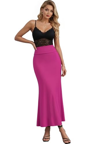 Hybrid & Company Women's Stretch Lightweight Flowy Maxi Skirt – Casual Fold Over Waist, Made in USA KSK3097X FUCHSIA 1X
