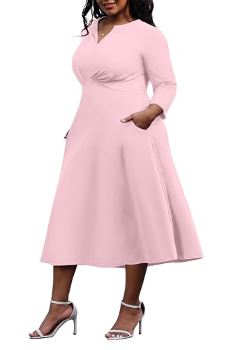 Image of Nmoder Women's Plus Size Stretchy Flared Wrap Dress Casual Wedding Guest Midi Dresses V Neck 3 /4 Sleeve A-Line Swing Dress