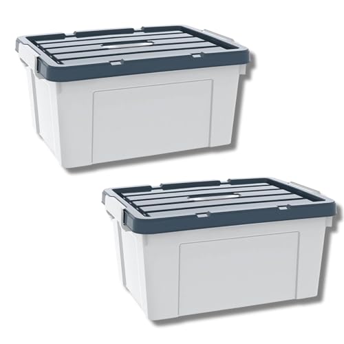 Image of Ash & Roh Multi-Size Plastic Storage Boxes with Secure Latching Lids, Stackable Storage Boxes for Home Organization, Bedroom, Kitchen, or Utility Room (pack of 2, Medium - 42cm X 30cm X 25cm)