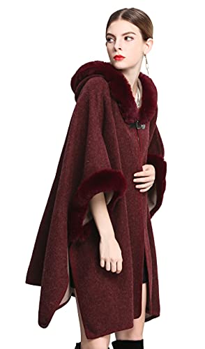image for Shineflow Women's Trim Hood Poncho Faux Rabbit Fur Cape Wrap Shawl Woo