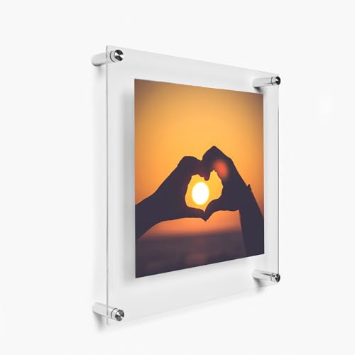 Wexel Art 12x12" Clear UV Grade Acrylic Floating Picture Frame Double Panel Photo Display with Silver Hardware for Hanging Contemporary Art and Images on Wall