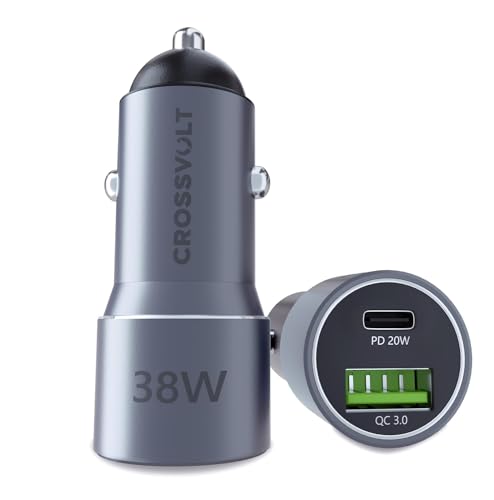 CROSSVOLT 38W Fast Car Charger Adapter with Dual Output. Quick Charge, Type C PD 20W & Qualcomm 3.0 Compatible for iPhone, All Smartphones, Tablets & More(Silver)