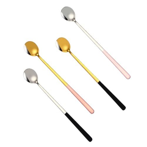 ERINGOGO 4個 ステンレス製アイスクリーム兼用調味料スプーン 長柄丸型ヘッド コーヒーかき混ぜ用 食品対応 マルチカラー家 飲食店向け