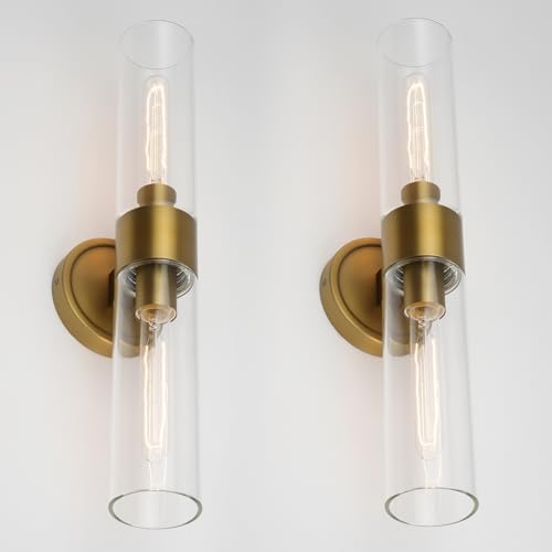 Image of Modern Wall Sconces Set of Two, Brass Gold Bathroom Light Fixtures with Handblown Clear Glass Hardwired Wall Mounted Lamp for Bathroom Vanity Bedroom Livingroom Hallway
