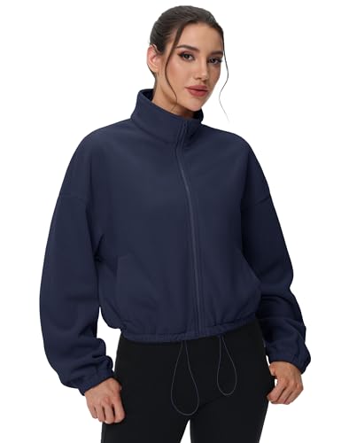 MAGCOMSEN Women's Full Zip Fleece Jacket Cropped Warm Winter Coats with Pockets Stand Collar Workout Top Drawstring Hem4