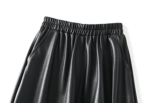 Women PU Faux Leather Skirt Pockets Elastic High Waist Vintage Long Midi Skirts Fairy Casual Autumn2