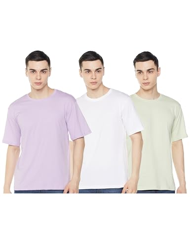Image of Veirdo 100% Pure Cotton Drop Shoulder Oversized Baggy Fit Half Sleeve Plain Solid Round Neck Multicolor T-Shirt Combo for Men (Pack of 3) (Sizes S-2XL)