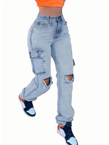 Women's Distressed Cargo Jeans Ripped Knees Wide Leg Loose Long Denim Pants with Side Pockets Streetwear Boyfriend