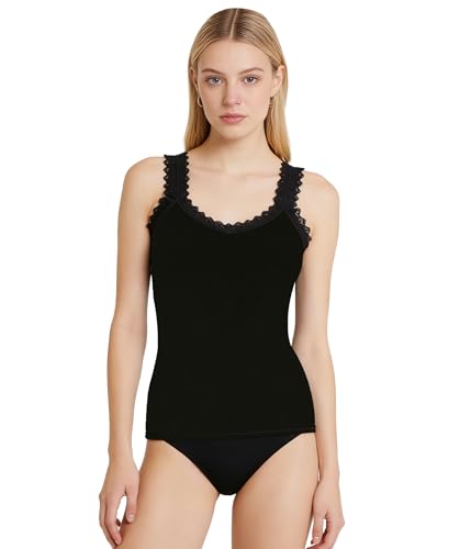 Women’s Ribbed Knit Lace Trim Tank Top – Lightweight Layering and Lounge Sleeveless Top (5243-Black, L-XL)
