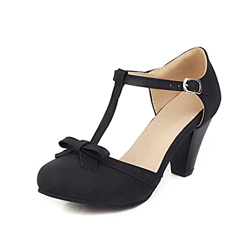 Image of Elbslutt Women's Cute Retro Rockabilly Shoes T Strap Mary Janes Heels Chunky Cosplay Shoes Sweet Block Heeled Bow Pumps