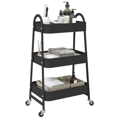 Runheo Carro de almacenamiento de 3 niveles, negro, 42 x 41,5 x 77 cm, acero lacado, con 4 ruedas, dos bloqueables, para cocina, salón, oficina, baño, transporte y organización