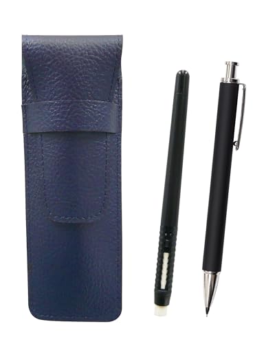 シボ革ペンケース青 ペン型消しゴム 黒と押し出し成型ラバー軸真鍮ノックシャープペンセット 黒 SASLMC46B-HS301S