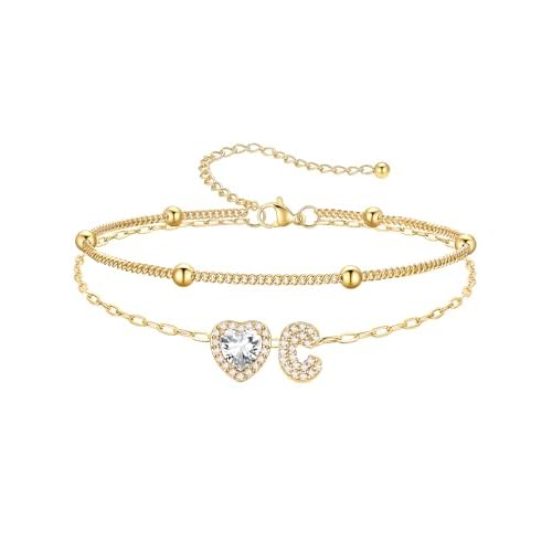PROSTEEL A-Z Initial Ankle Bracelets for Women Waterproof, Layered Chain Anklet Stainless Steel Summer Beach Anklets, Silver/Gold 8.5-10.5 Inch Adjust