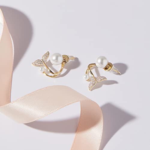 IDOKAWA Brincos de Pérola Cauda de Sereia para Meninas, S925 Agulha de Prata zircon Shell Brincos Pe