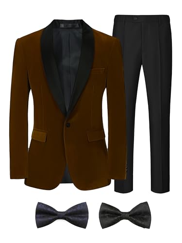 Men Suits Slim Fit 2 Pieces Sets Velvet Tuxedo Blazer Pants Shawl Lapel Bow Tie for Prom Wedding Business Dinner Party