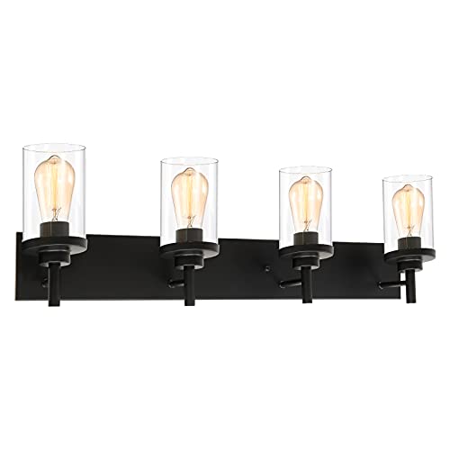 ELUZE 4-Light Bathroom Vanity Light Black Vintage Bathroom Lighting with Clear Glass Shades Wall Sconce Lighting Fixtures for Bathroom Kitchen Hallway