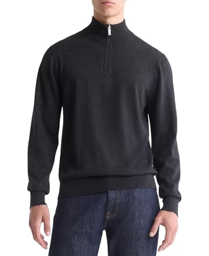 Calvin Klein Men's Extra Fine Merino Wool Blend Quarter Zip Sweater - 40EM331 (Gunmetal Heather, 2XL)