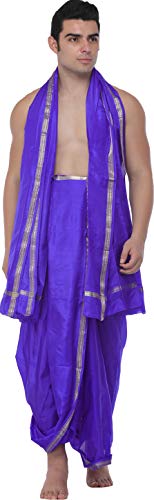 Dhoti et Angavastram vêtement traditionnel indien Exotic India bleu et or pour Puja