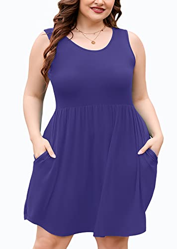 Image of AusLook Plus Size Summer Tank Dress for Women Casual Sleeveless Crewneck Pleated Babydoll Swing Sundresses with Pockets 1X-5X