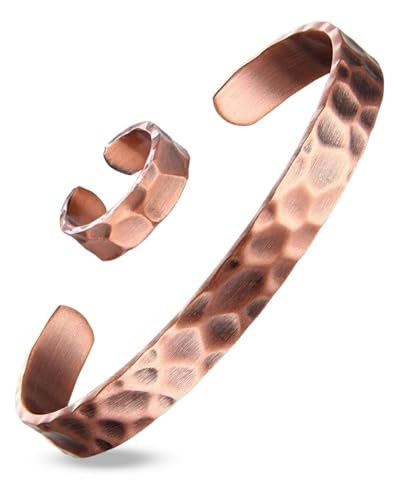 BioMag Set Bracelet et Bague en Cuivre Pur – 100% Massif – Martelé Main Tibétain – Pour Hommes & Femmes (Texture martelée)