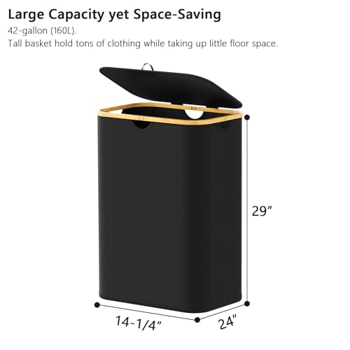 SpaceAid Double Laundry Hamper 2 Section with Lid and Removable Laundry Bags, 160L Clothes Basket with Bamboo Handles, Large Collapsible Hamper for Bedroom, Bathroom, Dorm, Laundry Room - Black