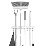 OTraki Broom Holder Wall Mount, Heavy Duty Wood Mop and Broom Organizer with 5 Slots and 4 Hooks, Garden Tool Hanger for Laundry Room Closet Kitchen Garage Storage and Organization