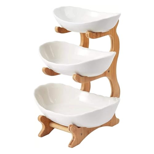 3 Tier Porcelain Fruit Bowl - Ceramic Vegetable Storage with Bamboo Stand