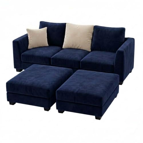 Image of SOCOZI Evanto 5 Seater L Shape Sofa Set with 2 Movable Ottomans | Flexible Layout| Soft Velvet Suede Fabric|Modern Sofa | Plush Comfort Cushions for Living Room (Cream-Dark Blue)