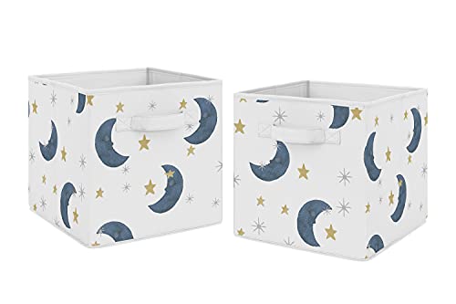 Image of Sweet Jojo Designs Moon and Star Foldable Fabric Storage Cube Bins Boxes Organizer Toys Kids Baby Children's - Set of 2 - Navy Blue and Gold Watercolor Celestial Sky Gender Neutral Outer Space Galaxy