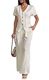 Women's Linen 2 Piece Outfits Summer Short Sleeve V Neck Shirts Dressy Casual Sets Wide Leg Pant Suits Beige