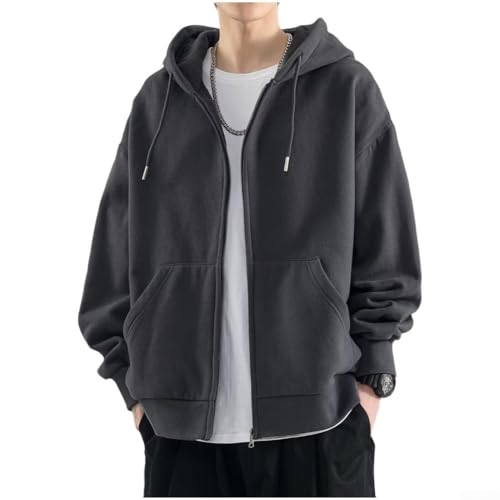 Veste à capuche pour homme grande taille, couleur unie, cardigan à fermeture éclair, style décontracté, sport, coupe ample, haut de survêtement (XL, gris foncé)