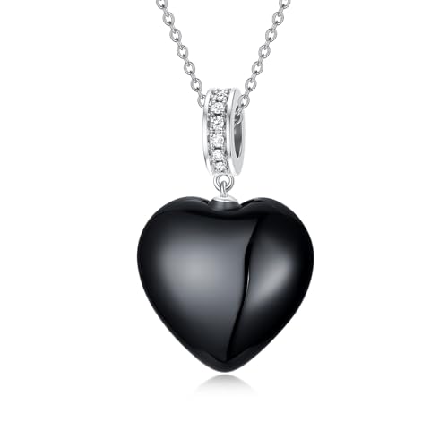 Natural Black Onyx Necklace for Women 925 Real Sterling Silver Genuine Heart Cut Black Onyx Necklace with Lab Created Diamond for Her Ladies Mom Birthday Anniversary Christmas, 18+2 inches - Main Image
