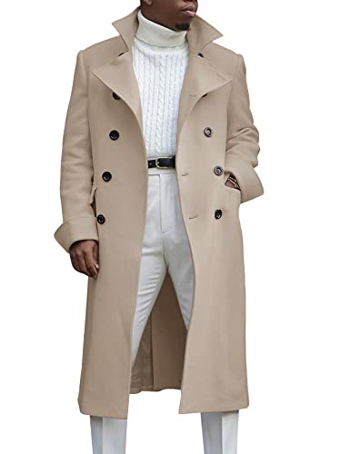 Ebifin Men's Notch Lapel Double Breasted Long Trench Coat Casual