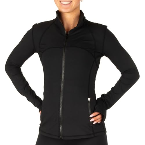 CRS Cross Ice Skating Jacket. Ultra Soft Fitted Full Zip Figure Skating Warm Up Layer for Girls, Women, Practice and Competition. Black Hip Length for Dance, Equestrian and Fitness - Small