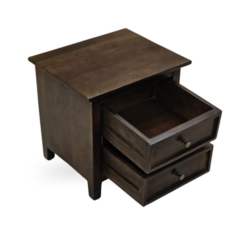 Image of Gharaana Kavya Wooden Bedside Table with Double Drawer Storage, Dark Walnut Finish, 46x38x46 cm