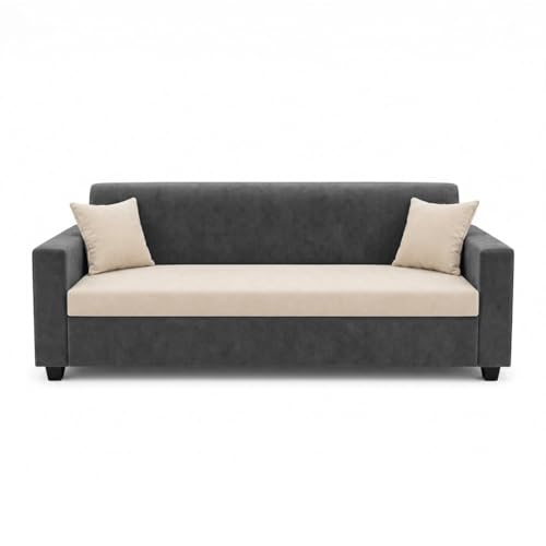 Image of FURNY QualityWood 3 Seater + 1 Seater + 1 Seater Fabric Sofa Set (Cream-Dark Grey) with Velvet Finish | Durable Comfort | Ideal for Living Room