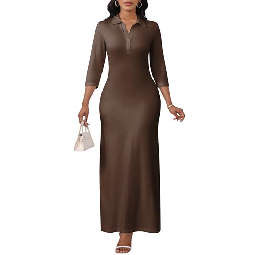 Image of PinkPatty Women's Casual 3 /4 Sleeve Polo V Neck Bodycon Maxi Dress