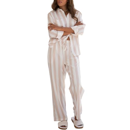 Image of FeMereina Women’s 2 Piece Striped Pajamas Set Long Sleeve Button Down Shirt + Wide Leg Lounge Pants Set Y2K Loungewear (Pink, L)