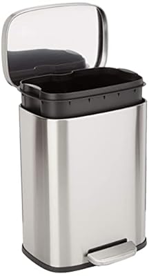 Amazon Basics Smudge Resistant Small Rectangular Trash Can With Soft-Close Foot Pedal, Brushed Stainless Steel, 12 Liter/3.1 Gallon, Satin Nickel Finish, 11.3"L x 9.9"W x 15.1"H