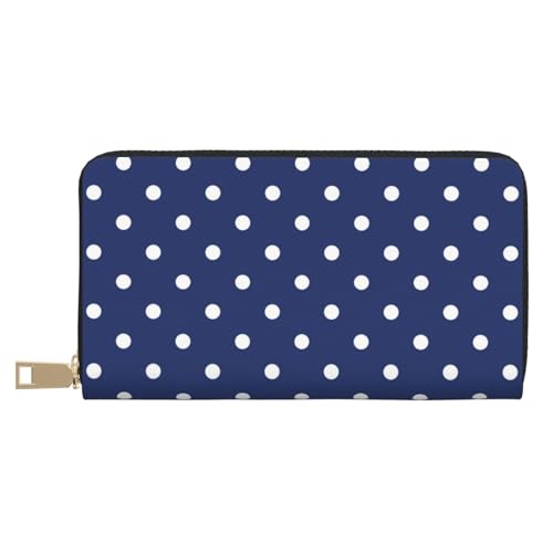 White Polka Dots Dark Blue Print Wallet Women Men, Long PU Leather Wallets for Women, Cute Womens Travel Wallet Purse Pouch with Zipper Pocket