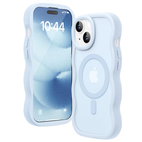Amzfield Magnetic for iPhone 14 Case for iPhone 13 Case, Compatible with Magsafe Wavy Frame Cute Matte Translucent Hard Back Silicone Bumper Shockproof Phone Case for Women Girls, Light Blue