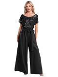 YEAHDOR Mono Largo de Fiesta para Mujer Overol Elegante de Manga Corta Jumpsuit de Pierna Ancha Mono de Noche para Boda Invitada Cóctel S-xxl Negro XL