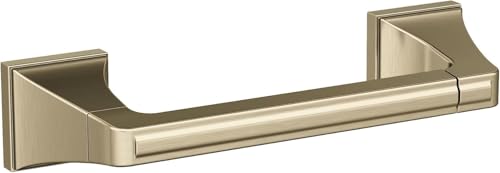 Image of Amerock Mulholland 8-13 /16 inch Golden Champagne Pivoting Toilet Paper Holder | Decorative bathroom hardware in durable Zinc construction; mounting hardware included for easy installation