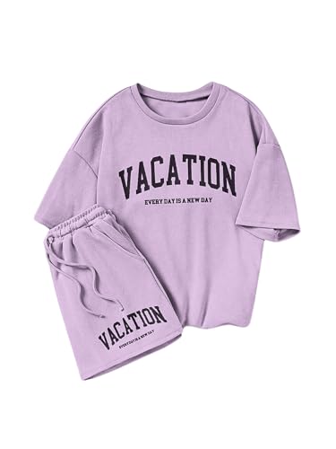 Image of Verdusa Girl's Tracksuit Sets 2 Piece Outfits Letter Print Vacation Tee Top and Drawstring Waist Shorts
