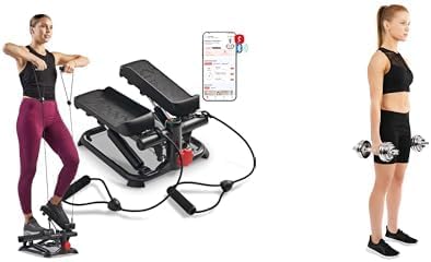 Sunny Health and Fitness Total Body Smart 2-in-1 Stepper Machine w/Resistance Bands + Adjustable 15 KG Dumbbell Set w/Carry Case, Space Saver, Secure Quick-Lock, Anti-Slip Steel Handle
