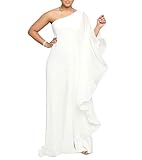 Zoctuo Women's Sexy Elegant One Shoulder Long Sleeve Bodycon Jumpsuits with Chiffon Ruffle Overlay(K2816,White,3XL)