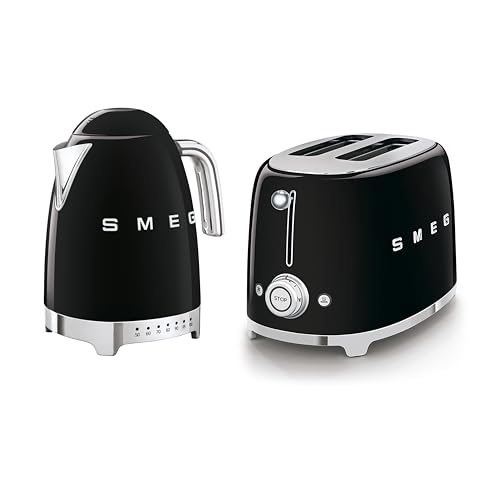 Smeg 50s Style Retro Range Breakfast Set 1.7L 3000W Variable Temperature Kettle and Multi-Functional Control 2-Slice 950W Toaster Black KLF04BLUK/ TSF01BLUK