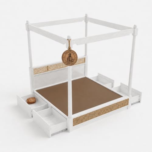 Image of Sheesham Solid Wood Allure Poster Bed for Bedroom | Handmade Wooden Cot | Elegant Four Poster King Size Bed Frame (White, Queen, Allure with Storage(Cane 2))